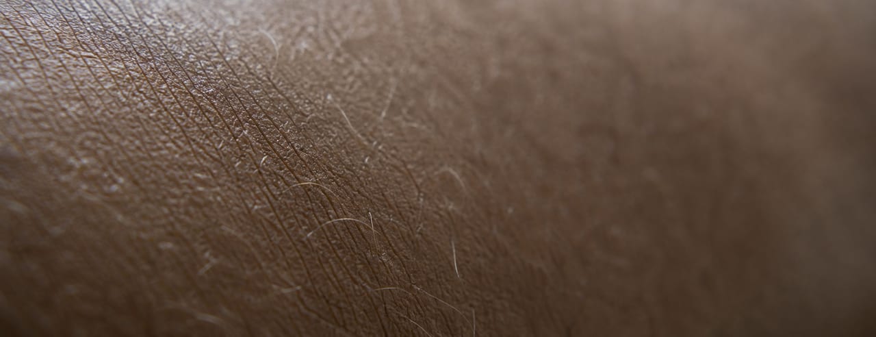 Macro de peau sur carnation mate : grain, pores et duvet fin accrochés par une lumière rasante, fondu vers un flou crémeux à droite.