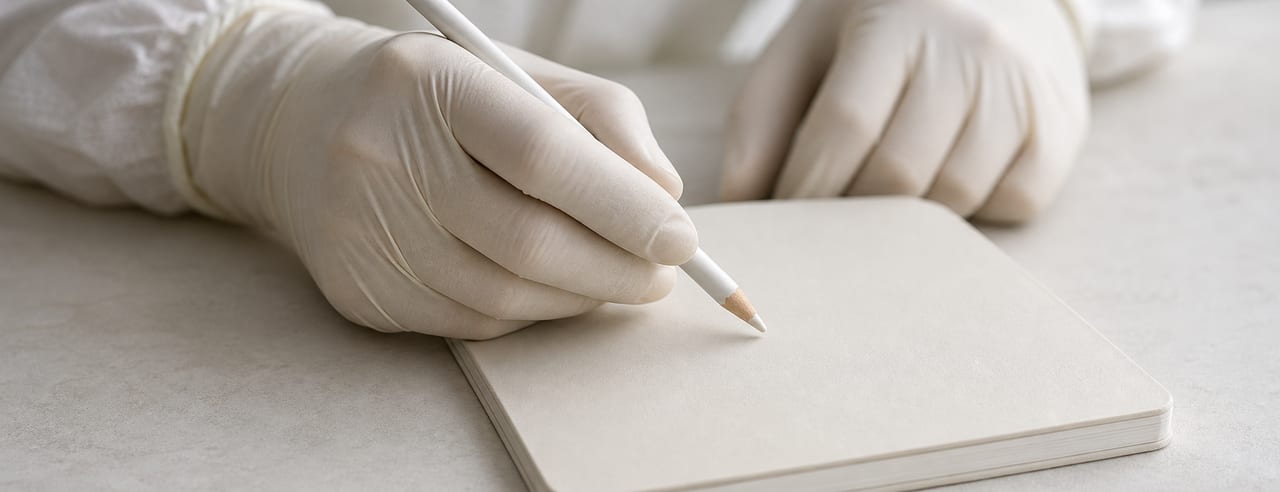 Mains gantées tenant un crayon dermographique au-dessus d'un carnet fermé, sur un plan de consultation clair en lumière latérale diffuse.