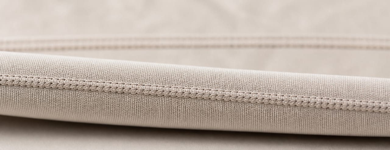 Textile technique d'un vêtement de compression plié : coutures plates parallèles et maille dense en lumière latérale contrastée.