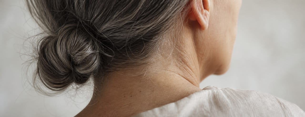 Trois quarts arrière d'une femme aux cheveux gris relevés en chignon bas, nuque et contour mandibulaire nets sous une lumière naturelle latérale.