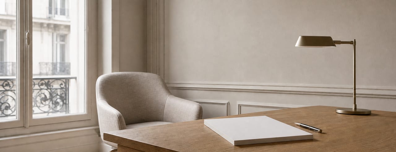 Angle d'un bureau de consultation parisien avec bloc d'ordonnances, stylo et lampe ; fauteuil patient vide devant une fenêtre haussmannienne.