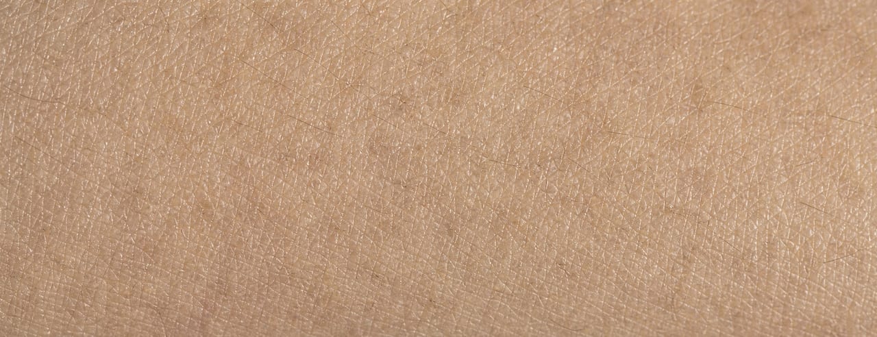 Macro de peau saine d'avant-bras : lignes de tension et micro-quadrillage du derme rendus presque textiles par une lumière rasante.