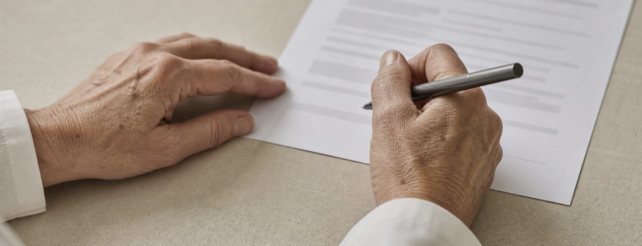 Mains d'une chirurgienne en blouse blanche tenant un stylo et un formulaire incliné dont le texte demeure entièrement illisible.