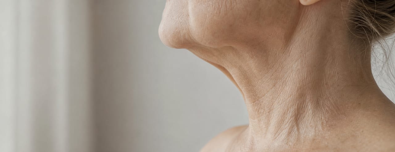 Profil rapproché d'une femme de plus de soixante ans, menton relevé : angle mandibulaire, cou et naissance de la clavicule en lumière rasante.